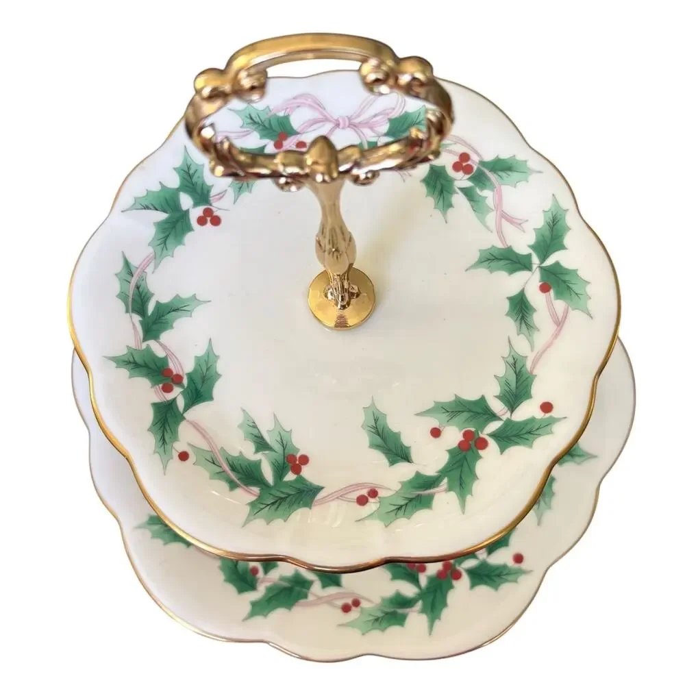 Mikasa Ribbon Holly 2 Tier Serving Tray Bone China Gold Handle Christmas Dessert
